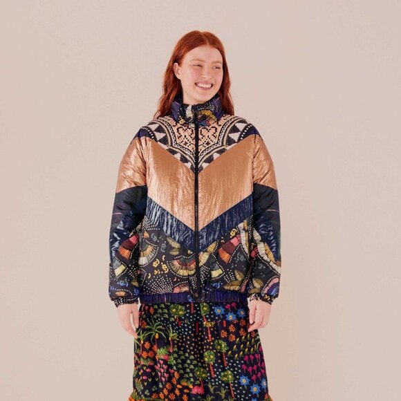FARM RIO Puffer Jacket M Reversible Borogodo Metallic Floral Tropical Winter - Picture 15 of 15